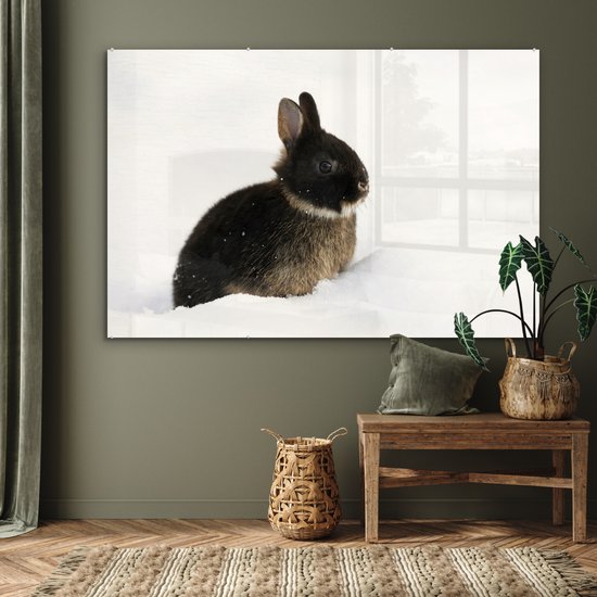 MuchoWow® Peinture sur verre 150x100 cm - Peinture sur verre acrylique - Lapin - Neige - Hiver - Photo sur verre - Peintures