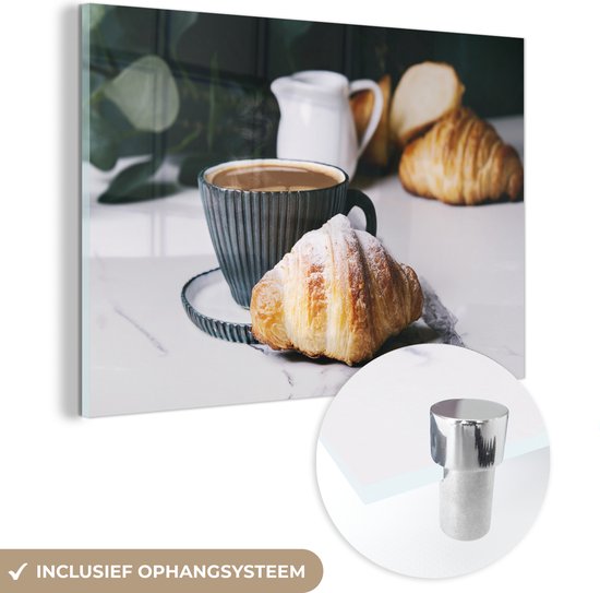 MuchoWow® Glasschilderij 150x100 cm - Schilderij acrylglas - Croissant met een kop koffie - Foto op glas - Schilderijen