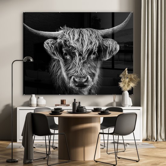MuchoWow® Peinture sur verre 160x120 cm - Peinture sur verre acrylique - Highlander écossais - Zwart - Vache - Animaux - Photo sur verre - Peintures