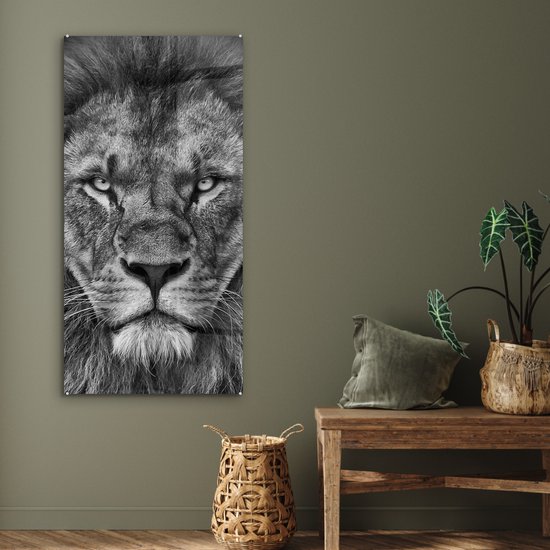 Peinture sur verre - Photo sur verre - Verre acrylique - Animaux sauvages - Lion - Zwart - Wit - 60x120 cm - Peinture sur verre lion - Peinture sur verre - Décoration chambre - Chambre
