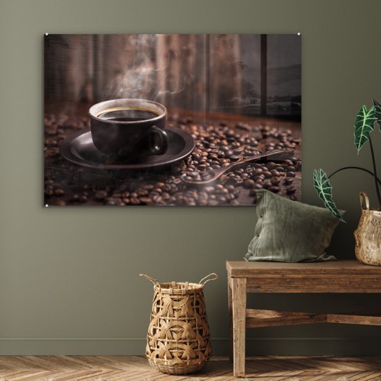MuchoWow® Peinture sur Verre - Café - Chaud - Grains de café - 90x60 cm - Peintures sur Verre Acrylique - Photo sur Glas