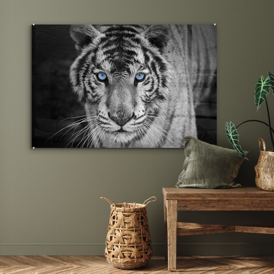 Glasschilderij - Foto op glas - Acrylglas - Dieren - Tijger - Ogen - Blauw - 120x80 cm - Glasschilderij tijger - Glasschilderij zwart wit - Muurdecoratie glas - Wanddecoratie dieren