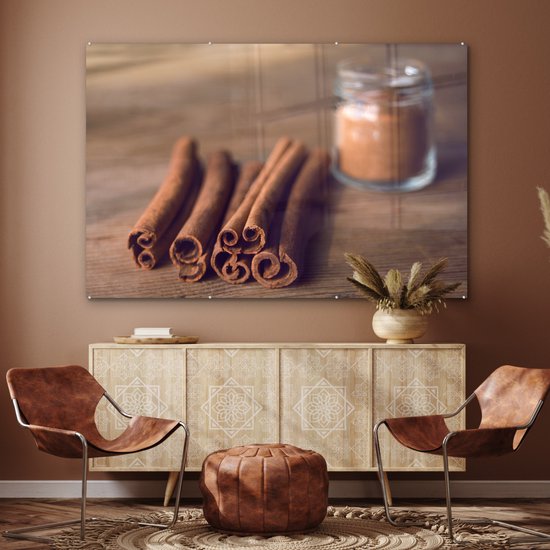 MuchoWow® Peinture sur verre 150x100 cm - Peinture sur verre acrylique - Bâtons de cannelle aromatiques sur une table en bois - Photo sur verre - Peintures