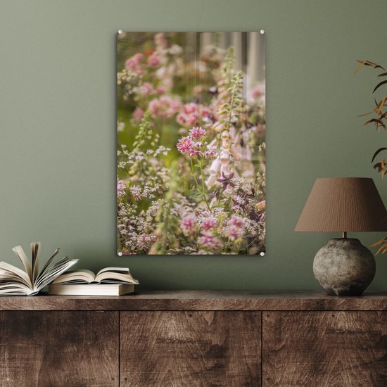 ® Glasschilderij 40x60 cm - Schilderij acrylglas - Romantisch beeld met akeleien - Foto op glas - Muurdecoratie woonkamer - Wanddecoratie slaapkamer - Schilderijen