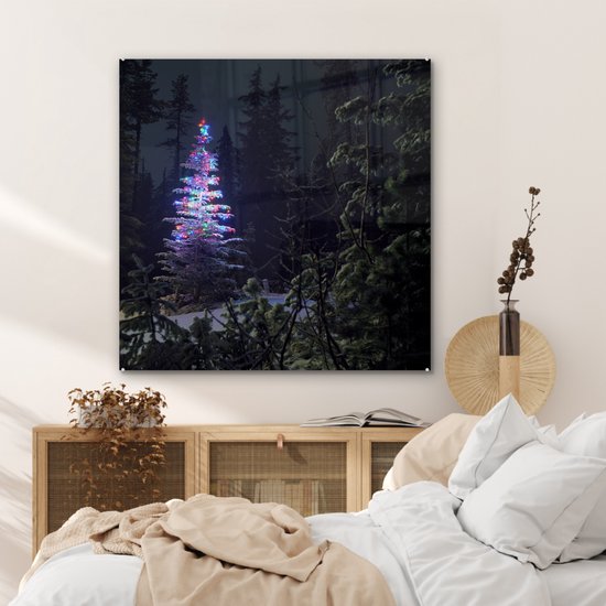 Peinture sur verre - Sapin de Noël illuminé dans une forêt sombre - 90x90 cm - Peintures Plexiglas