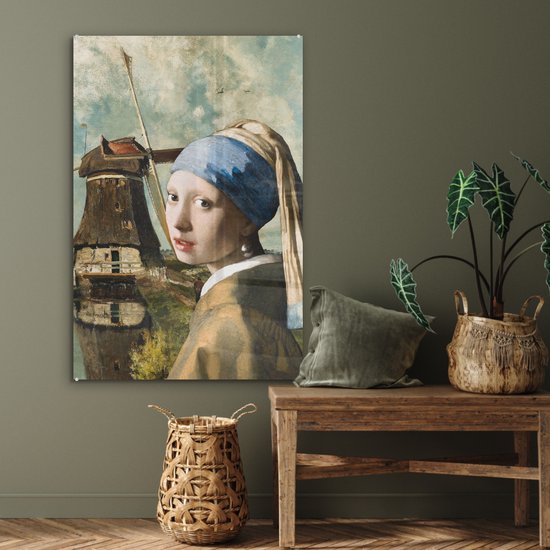 MuchoWow® Peinture sur verre 60x90 cm - Peinture sur verre acrylique - Fille à la boucle d'oreille en perle - Johannes Vermeer - Moulin - Photo sur verre - Peintures