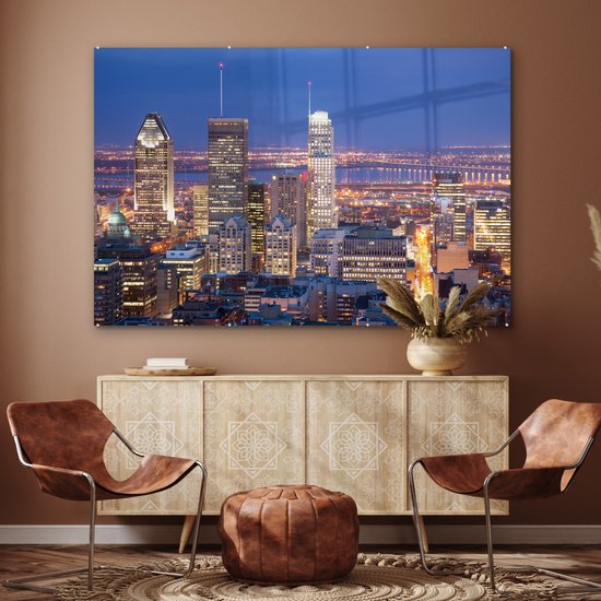 ® Glasschilderij 150x100 cm - Schilderij acrylglas - Stadsgezicht Montreal tijdens de nacht in Canada - Foto op glas - Muurdecoratie woonkamer - Wanddecoratie slaapkamer - Schilderijen