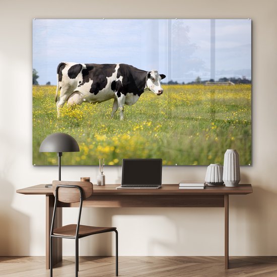 MuchoWow® Peinture sur verre 150x100 cm - Peinture sur verre acrylique - Vache - Herbe - Fleurs - Photo sur verre - Peintures