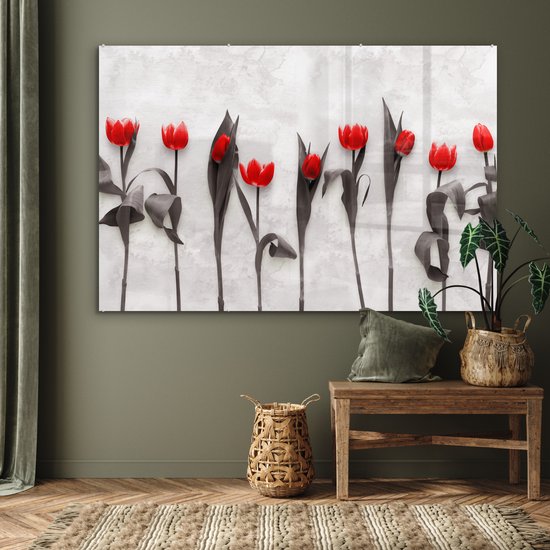 MuchoWow® Glasschilderij 150x100 cm - Schilderij acrylglas - Bloemen - Tulpen - Marmer - Foto op glas - Schilderijen