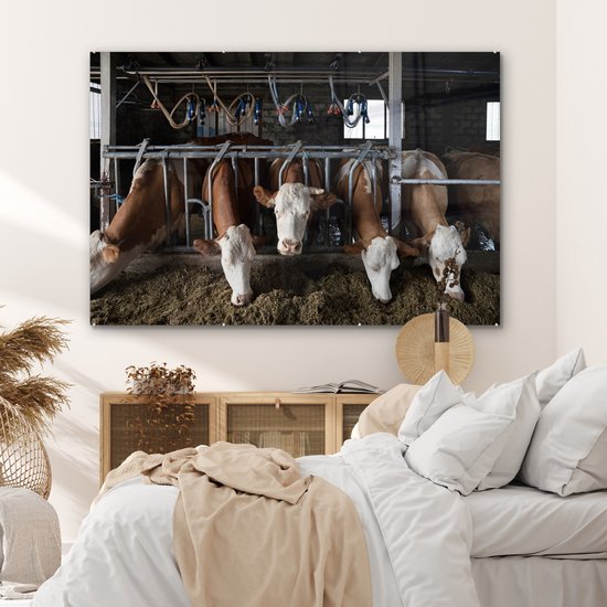 MuchoWow® Peinture sur verre 150x100 cm - Peinture sur verre - Vache - Nourriture - Ferme - Photo sur verre acrylique - Peintures