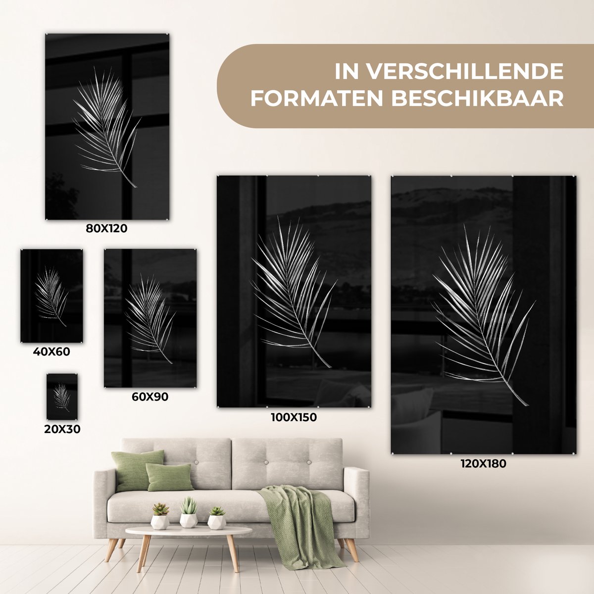 MuchoWow® Peinture sur verre - Feuille en forme de plume sur fond noir -  noir et blanc