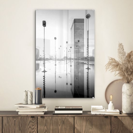 MuchoWow® Glass Painting - Carré avec différents types de lampes décoratives à Paris - noir et blanc - 40x60 cm - Peintures sur Verre Acrylique - Photo sur Glas