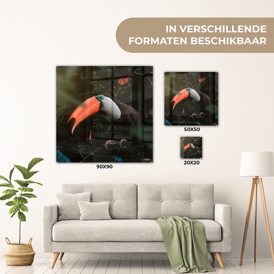 MuchoWow® Peinture sur verre 90x90 cm - Peinture sur verre - Toucan - Papillon - Feuilles - Photo sur verre acrylique - Peintures
