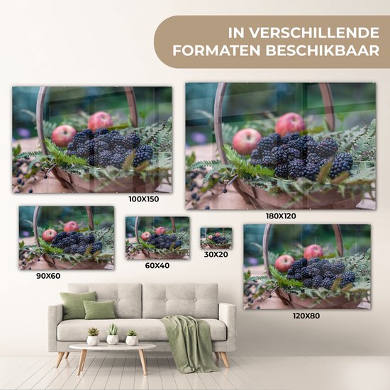 ® Glasschilderij 90x60 cm - Schilderij acrylglas - Bramen - Mand - Appels - Foto op glas - Muurdecoratie woonkamer - Wanddecoratie slaapkamer - Schilderijen