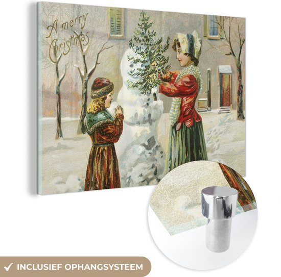 MuchoWow® Glasschilderij 60x40 cm - Schilderij acrylglas - Kerst - Sneeuw - Kerstkaart - Foto op glas - Schilderijen