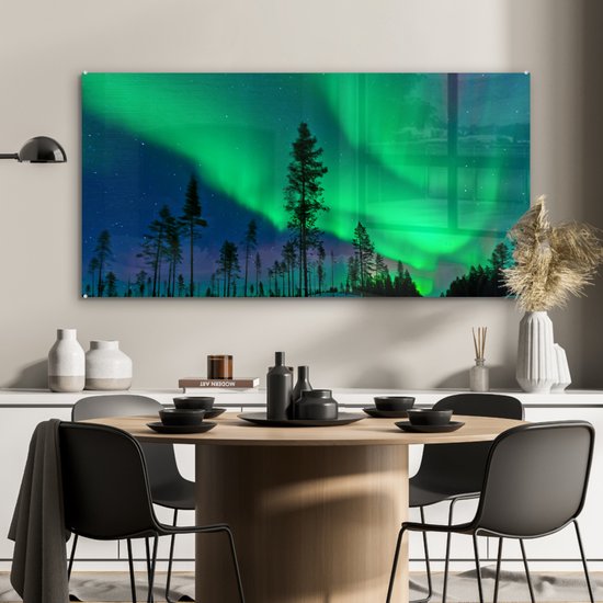 Peinture sur verre MuchoWow® 120x60 cm - Peinture acrylique sur verre - Aurores boréales - Suède - Arbre - Photo sur verre - Peintures
