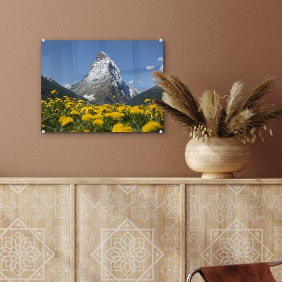 Le Cervin en Suisse au-dessus d'une prairie de pissenlit Plexiglas 40x30 cm - petit - Tirage photo sur verre (décoration murale en plexiglas)
