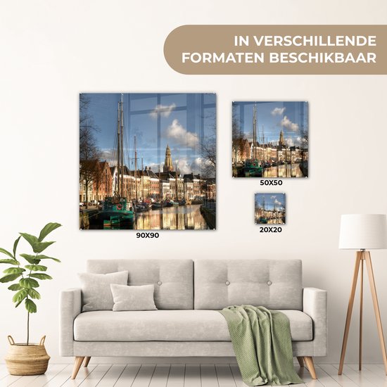 MuchoWow® Peinture sur verre - Groningen - Maison du canal - Voilier - 20x20 cm - Peintures sur verre acrylique - Photo sur Glas