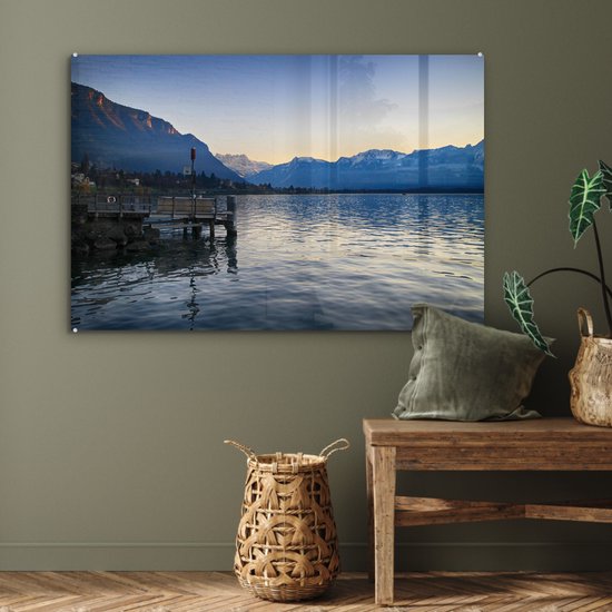 Coucher de soleil derrière les Alpes au lac Léman Plexiglas 90x60 cm - Tirage photo sur Glas (décoration murale plexiglas)