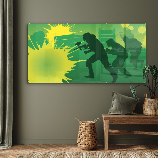 MuchoWow® Peinture sur Verre - Une Illustration Verte de Paintball sur un Terrain - 160x80 cm - Peintures sur Verre Peintures - Photo sur Glas