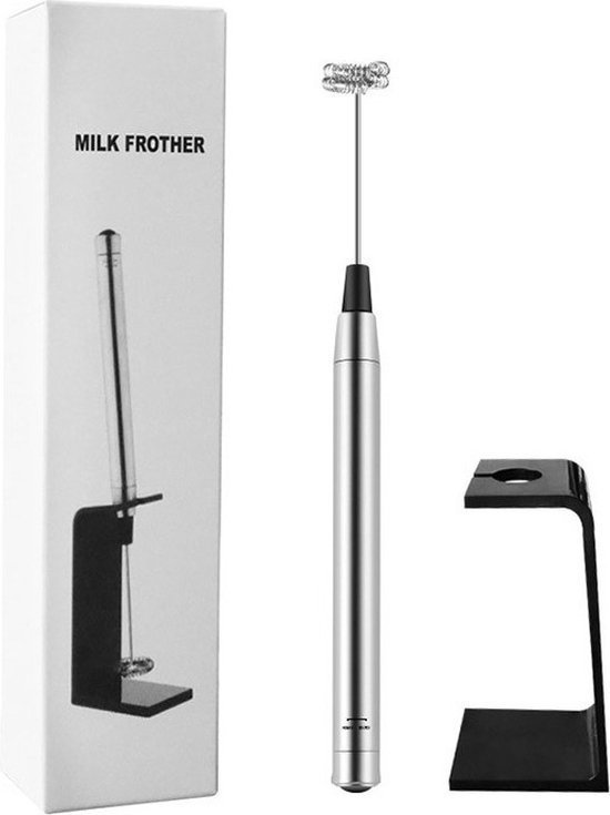 Mousseur à lait sans fil avec support - Mini mélangeur à main en acier inoxydable - Mousseur à lait électrique - Fonctionne à piles - Fouet à lait et agitateur et batteur - Argent