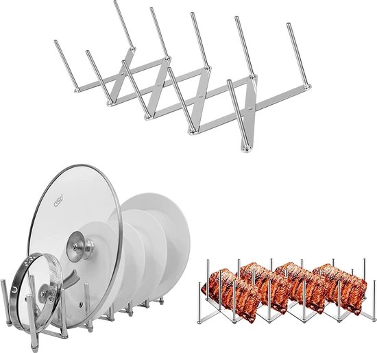 Foto: 2 stuks dekselhouders ribjehouders verstelbare roestvrijstalen pannendekselhouder spareribs houder multifunctioneel stoomrek telescopisch rek accessoires voor keuken en barbecue