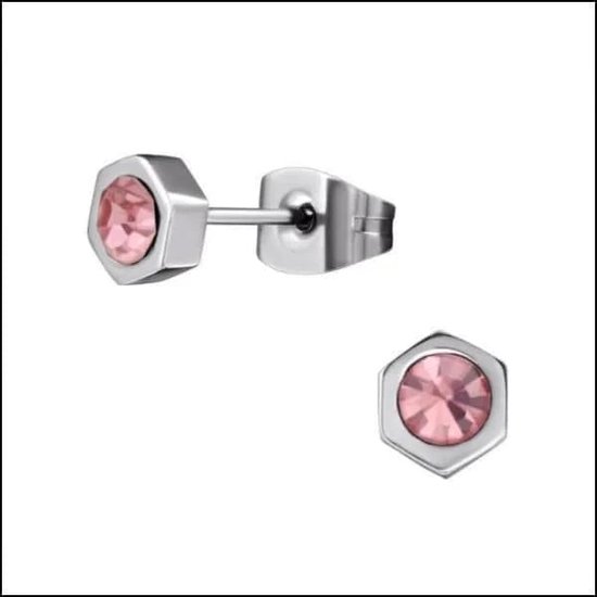 Aramat jewels ® - Zweerknopjes zeshoek roze kristal zilverkleurig chirurgisch staal 4mm