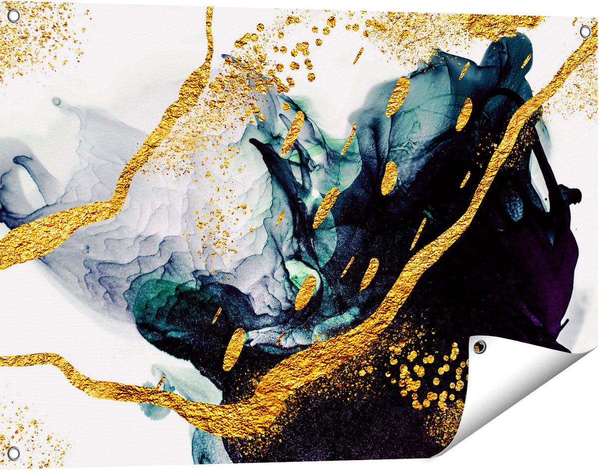 Gards Tuinposter Abstracte Kunst - Zwart Wit met Gouden Strepen - 90x60 cm - Tuindoek - Tuindecoratie - Wanddecoratie buiten - Tuinschilderij Multikleur