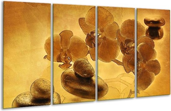 GroepArt - Glasschilderij - Orchidee - Bruin - 160x80cm 4Luik - Foto Op Glas - Geen Acrylglas Schilderij - 6000+ Glasschilderijen Collectie - Wanddecoratie