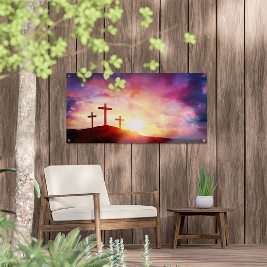 Gards Affiche de jardin Crucifixion de Jésus Christ - Trois Croix - 100x50 cm - Toile jardin - Décoration de jardin - Décoration murale extérieur - Tableau jardin