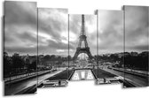 GroepArt - Canvas Schilderij - Parijs, Eiffeltoren - Zwart, Wit, Grijs - 150x80cm 5Luik- Groot Collectie Schilderijen Op Canvas En Wanddecoraties