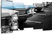 GroepArt - Canvas Schilderij - Oldtimer, Auto - Grijs, Blauw, Zwart - 150x80cm 5Luik- Groot Collectie Schilderijen Op Canvas En Wanddecoraties