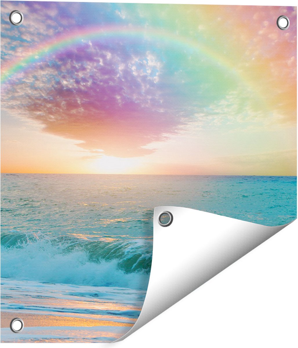 Gards Tuinposter Regenboog in het Water bij het Strand - 40x40 cm - Tuindoek - Tuindecoratie - Wanddecoratie buiten - Tuinschilderij Multikleur