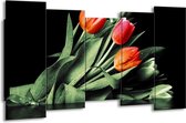 GroepArt - Canvas Schilderij - Tulp - Rood, Oranje, Groen - 150x80cm 5Luik- Groot Collectie Schilderijen Op Canvas En Wanddecoraties