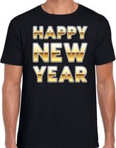 Nieuwjaar Happy New Year tekst t-shirt zwart met goud voor heren M