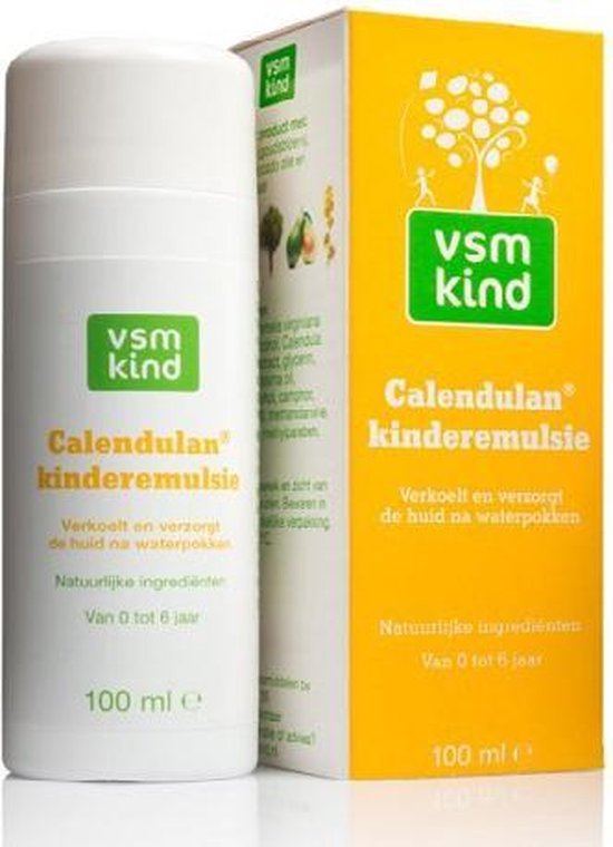Wit flesje met groene "vsm kind" logo en gele tekst "Calendulan kinderemulsie". Naast gele doos.