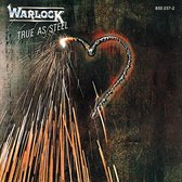 Albumhoes met de titel "Warlock TRUE AS STEEL". Een hart van gloeiend metaal wordt uitgesneden met vonken.