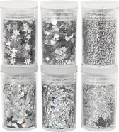 Glitter en pailletten, 6x5 gr, zilver