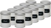 10x Boîtes de rangement rondes argentées / boîtes de rangement avec étiquettes / étiquettes inscriptibles 13 cm - Boîtes de rangement pour café / thé / sucre - Conteneurs de stockage - Organiser le garde-manger