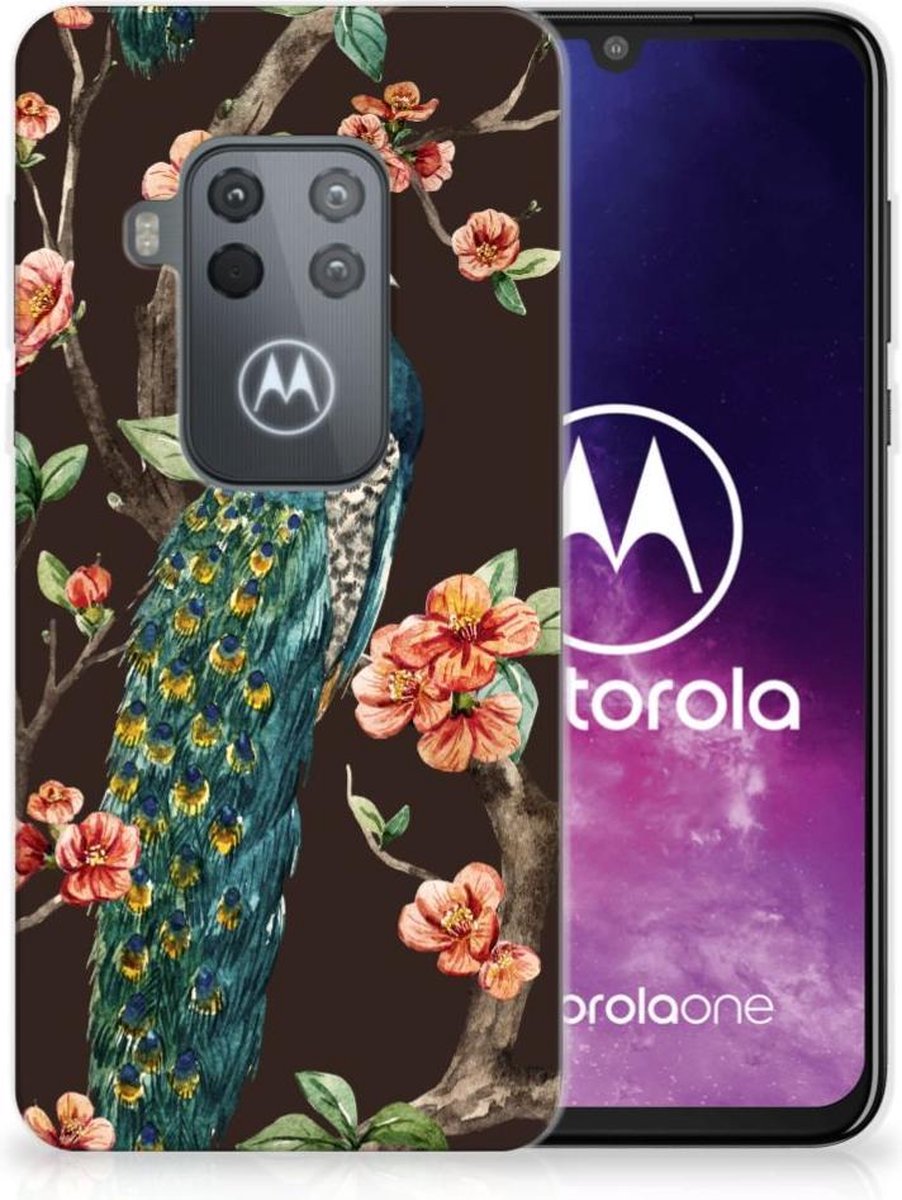 Motorola One Zoom TPU Hoesje Pauw met Bloemen