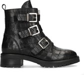 Manfield - Dames - Zwarte crocoprint biker boots met gespen - Maat 38