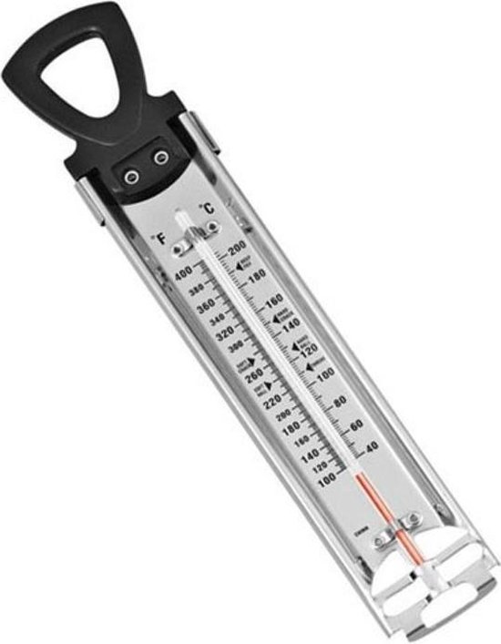 Zilverkleurige suikerthermometer met zwarte handgreep en duidelijke schaalverdeling in C en F.