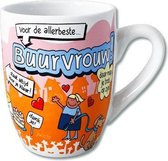 Mok - Cartoon Mok - Voor de allerbeste Buurvrouw - Gevuld met een toffeemix - In cadeauverpakking met gekleurd krullint
