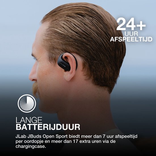 JLab JBuds Open Sport Draadloze Oordopjes - Open Ear Sport Oortjes - 26 uur Batterijduur - IP55 Zweetbestendig - Bluetooth 5.3 - Multipoint - USB C - Zwart