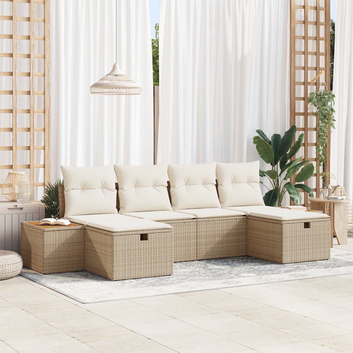 vidaXL - Tuinbank - Set - met - kussen - 6 - pcs - Beige - Poly - rattan