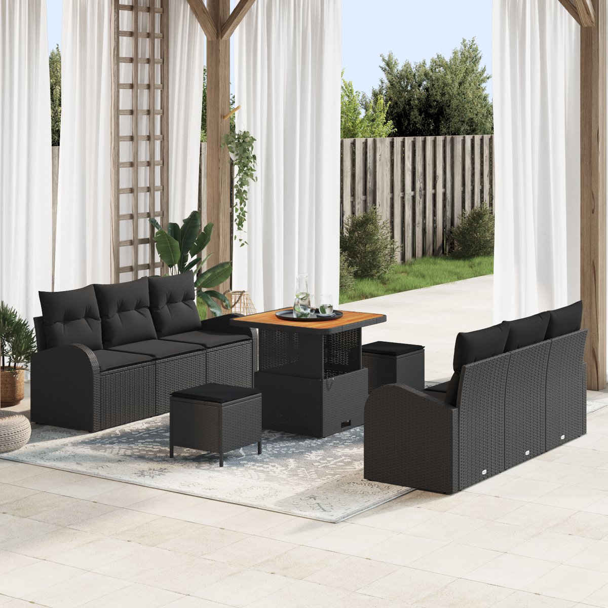vidaXL - Tuinbank - Set - met - kussen - 9 - pcs - Zwart - poly - rattan