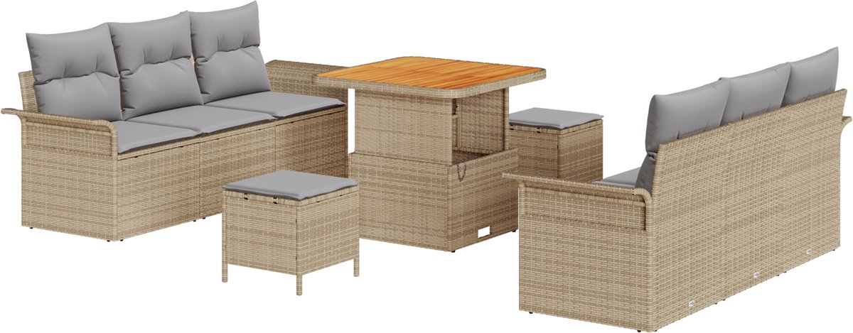 vidaXL - Tuinbank - Set - met - kussen - met - opslag - 9 - pcs - Beige - en - Lichtgrijs
