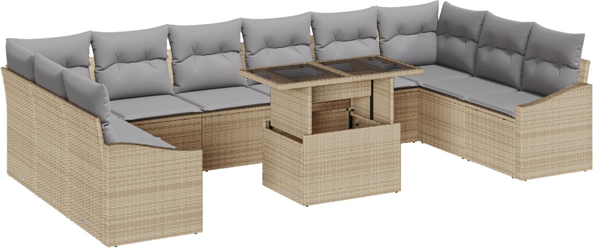 vidaXL - Tuinbank - Set - met - kussen - met - opslag - 11 - pcs - Beige - en - Lichtgrijs