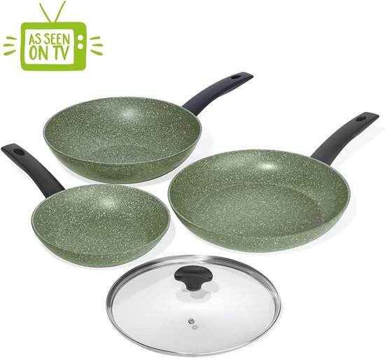 PRESTIGE 12677 - Eco Friendly Pannenset - Plantaardige Non Stick - Gerecycled en Recyclebaar - PFOA Vrij - Inductie - Set van 3 Plus Bonus Deksel,3 stuks,Groen