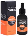 Flesje en doosje van 'Self Tanning DROPS NATURAL' met een oranje accent.